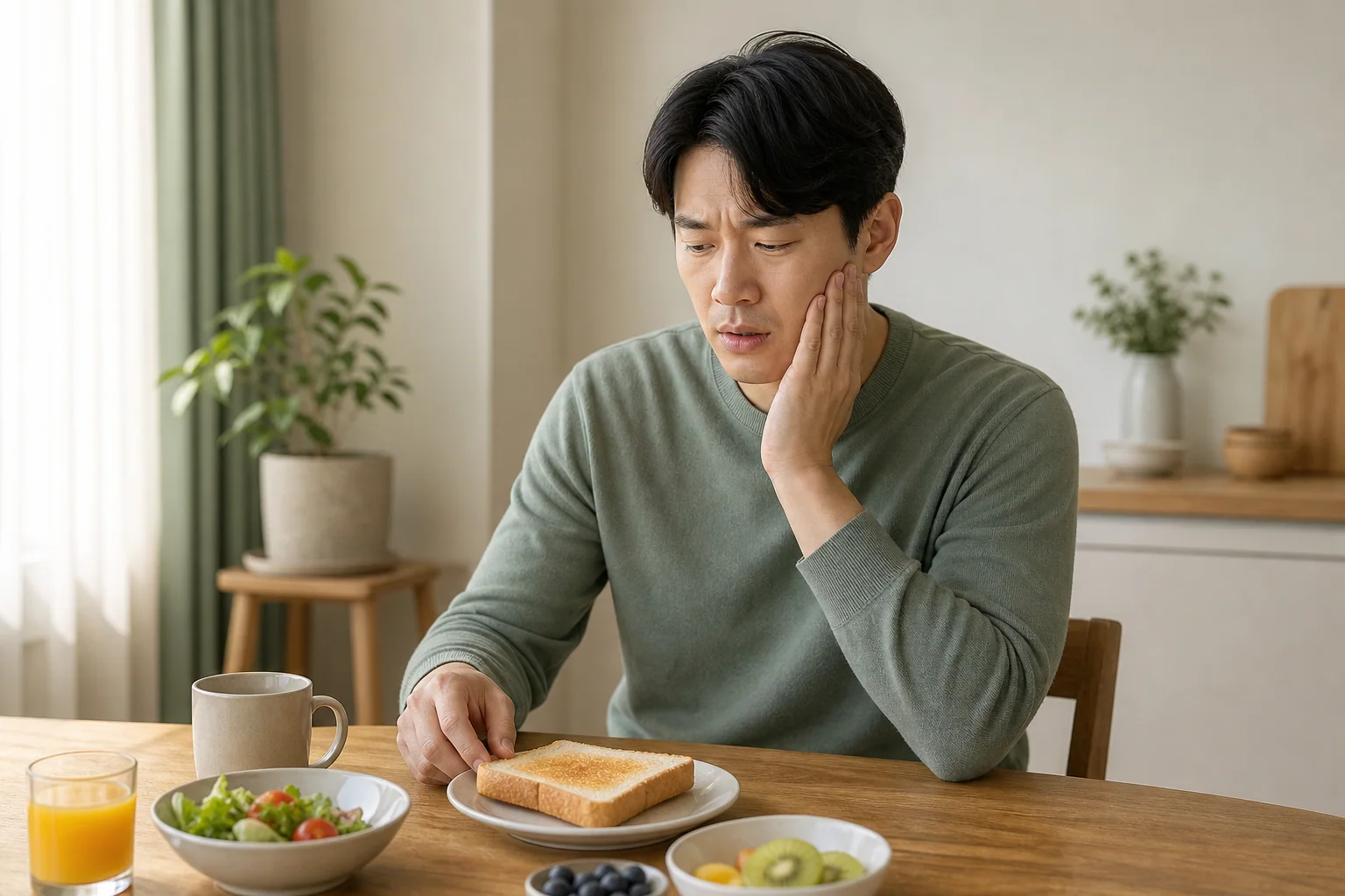 광대 아래와 귀 앞 통증으로 단단한 음식을 씹기 어려운 한국인 남성 한 명이 아침 식사를 멈춘 생활 장면