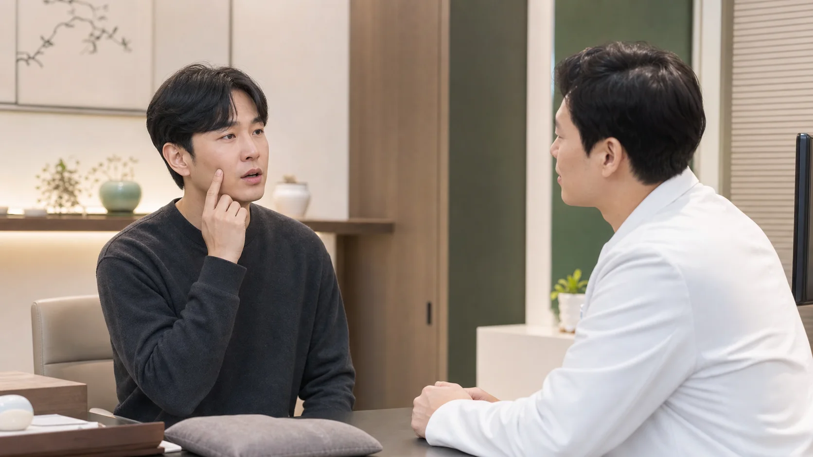 광대통증 환자가 국내 한의원 진료실에서 광대 주변 통증 위치를 설명하는 장면