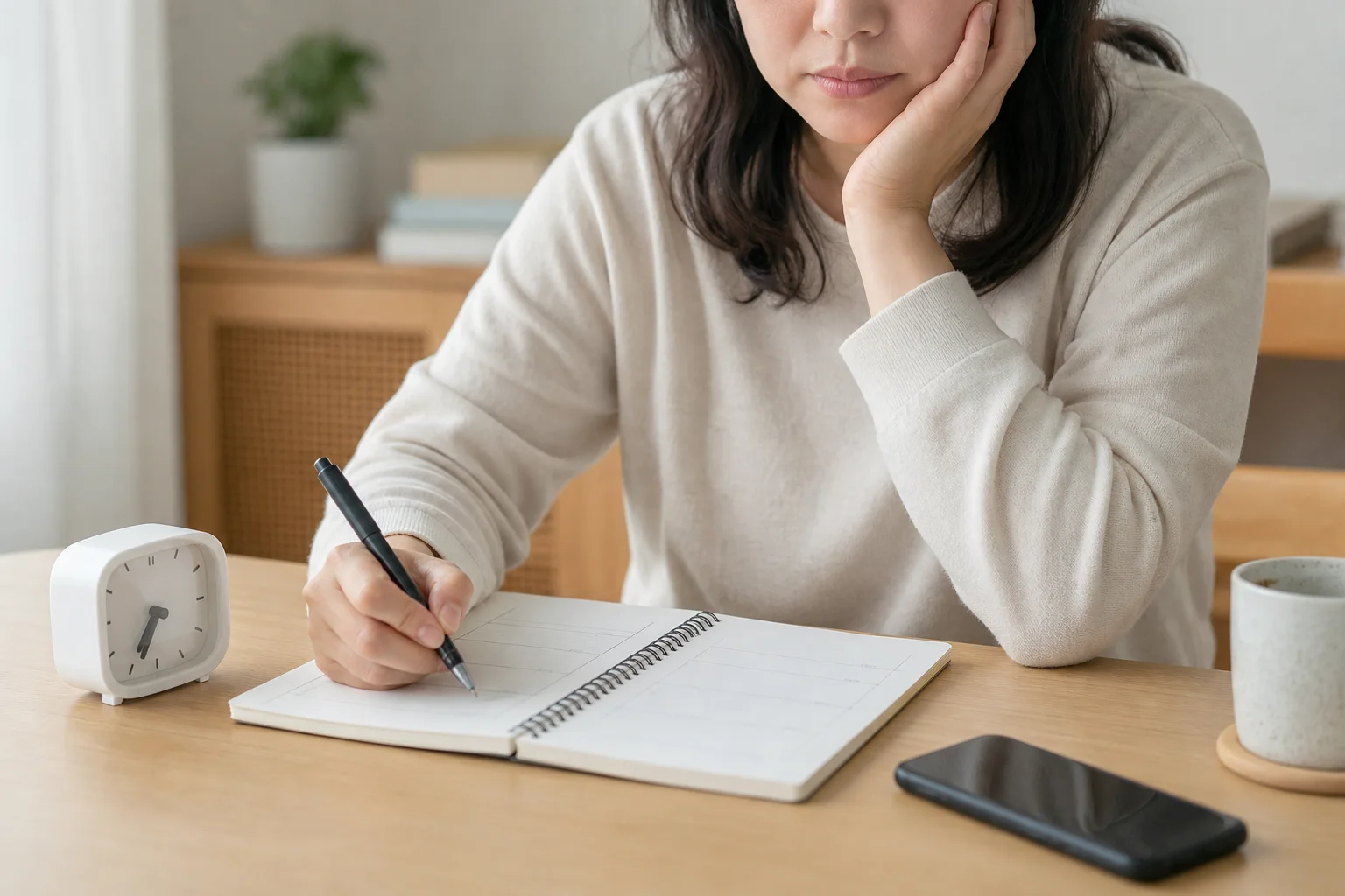 광대통증 환자가 광대 주변을 짚고 증상 시간표를 기록하는 장면