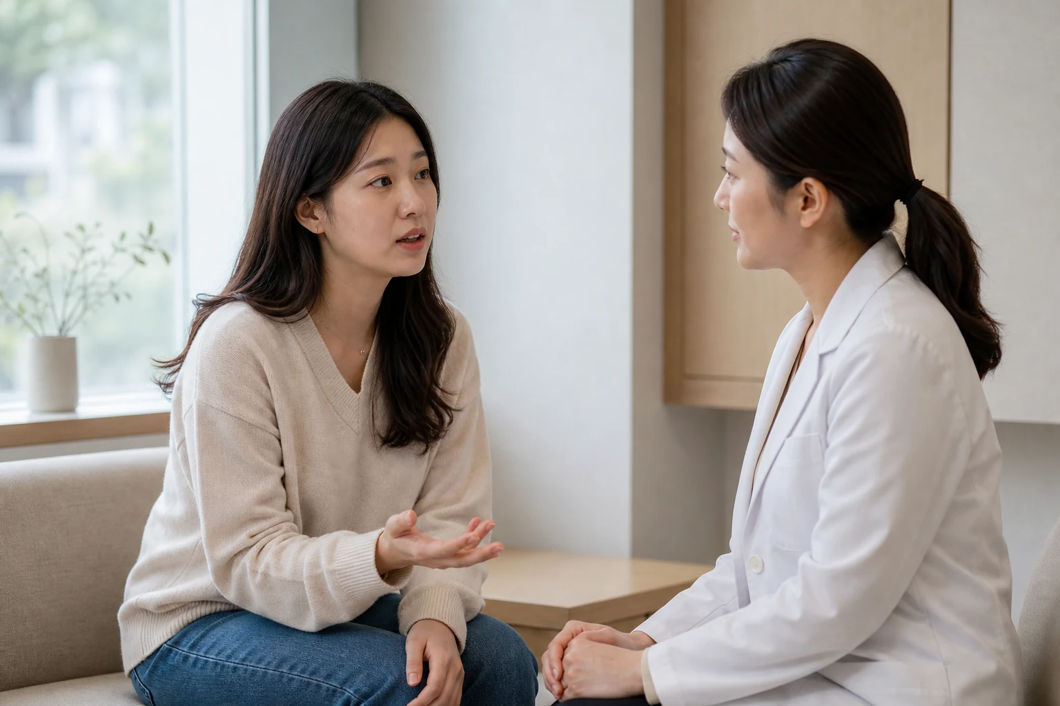 화학적유산후조리 진료 전 증상과 검사·기록을 확인하는 장면