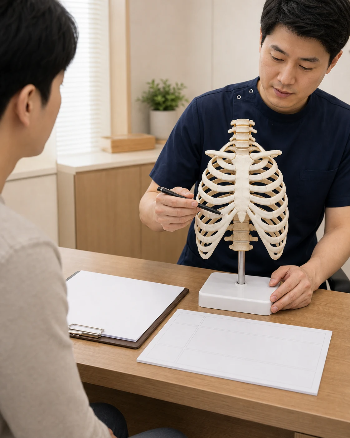 한국인 의료진이 국내 한의원 진료실에서 흉벽통증 환자에게 갈비뼈 모형과 빈 기록지를 보며 통증 위치를 설명하는 장면