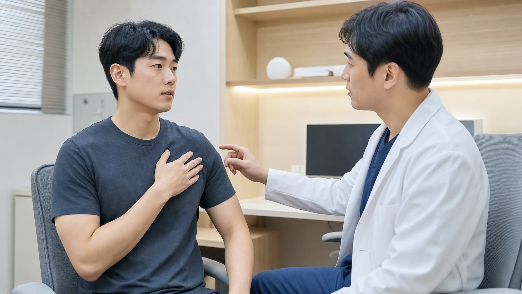한국인 흉벽통증 환자가 국내 한의원 상담 공간에서 갈비뼈와 흉골 주변 통증을 의료진에게 설명하는 장면