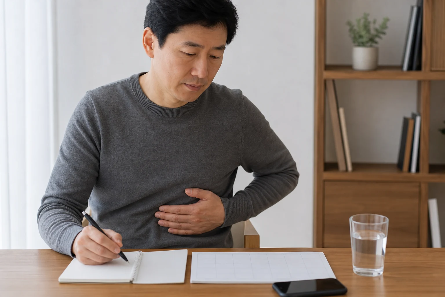 한국인 흉벽통증 환자가 집 책상에서 갈비뼈 주변 통증 시간과 자세 변화를 빈 기록지에 정리하는 장면