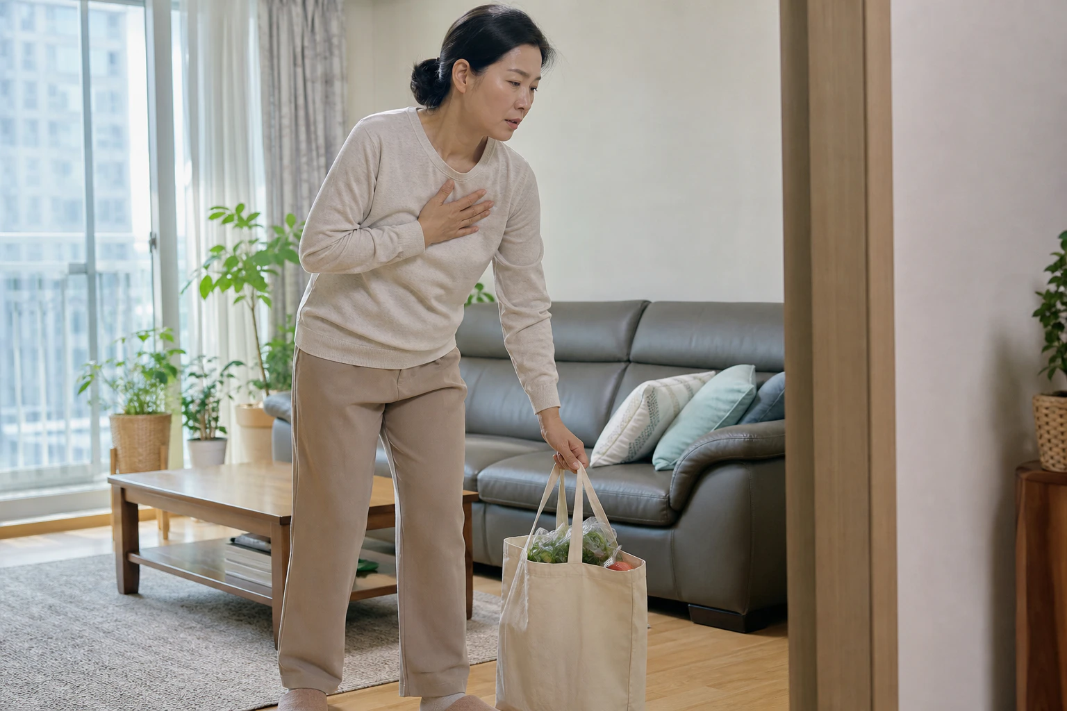 움직일 때 가슴벽이 아파 장바구니를 내려놓고 거실에서 걸음을 멈춘 한국인 여성 한 명의 장면