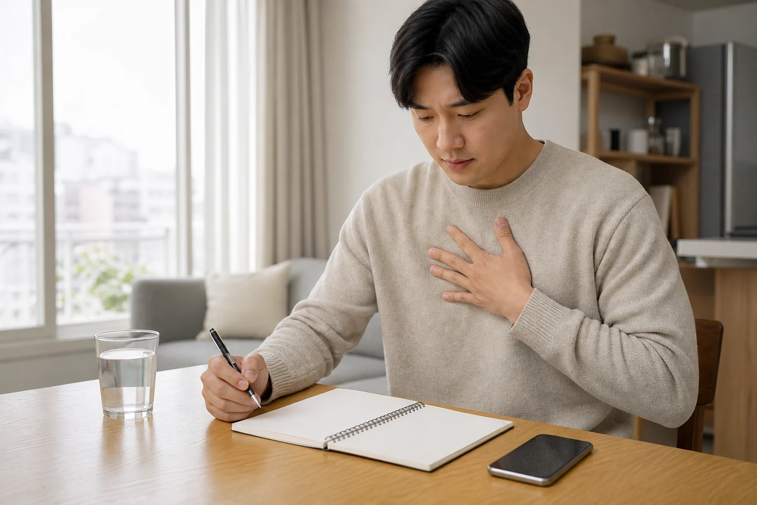 한국인 환자가 집에서 가슴 답답함이 생긴 시간과 식사, 수면, 긴장 뒤 변화를 빈 노트에 적는 장면