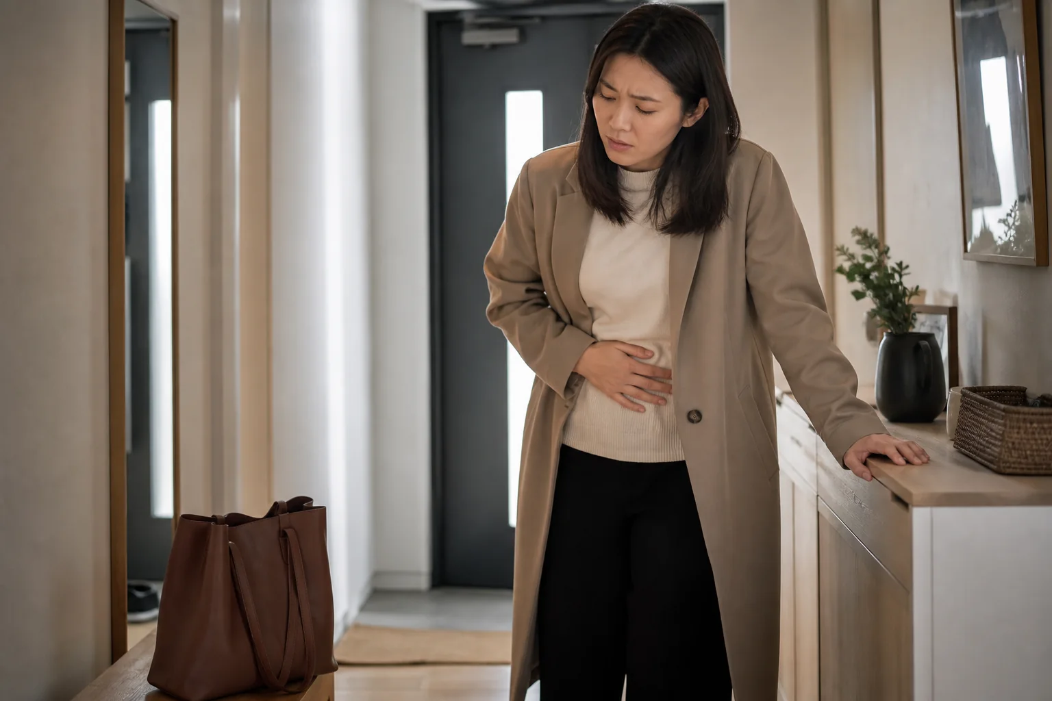 만성변비 진료 전 증상과 검사·기록을 확인하는 장면
