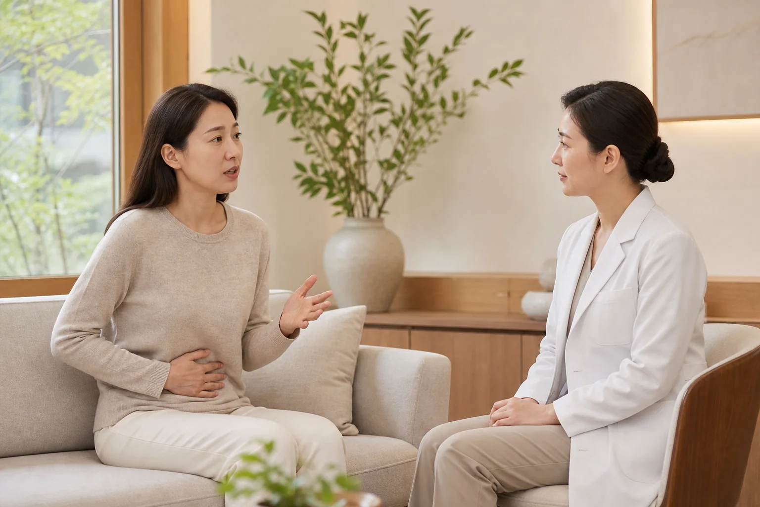 만성변비로 겪는 불편을 상담하는 환자와 의료진