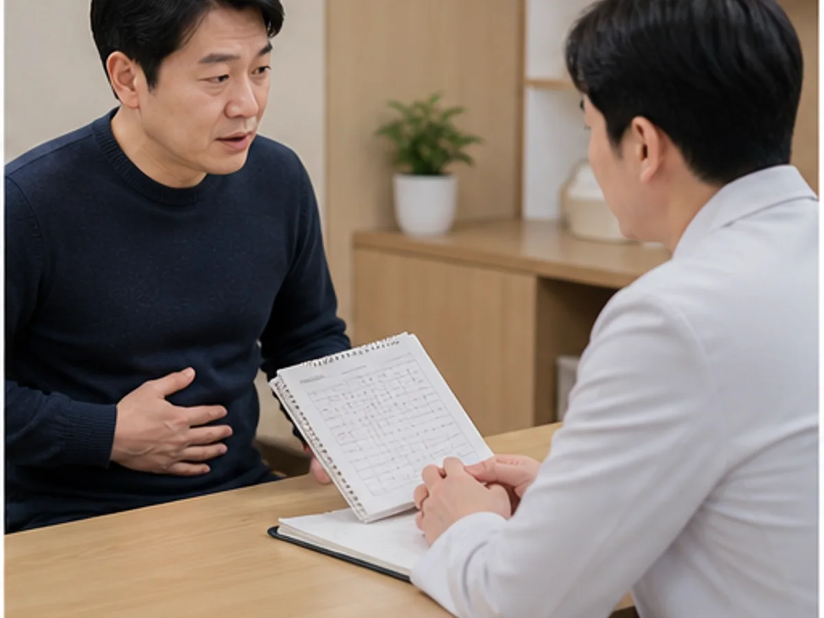 만성변비 환자가 복부 불편과 배변 기록을 들고 초진 상담을 시작하는 장면