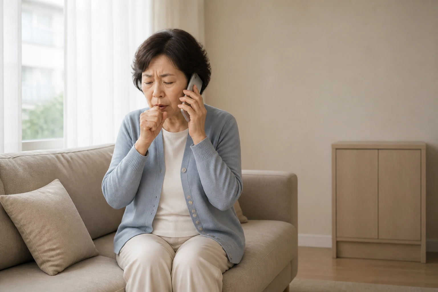 만성기침 진료 전 증상과 검사·기록을 확인하는 장면