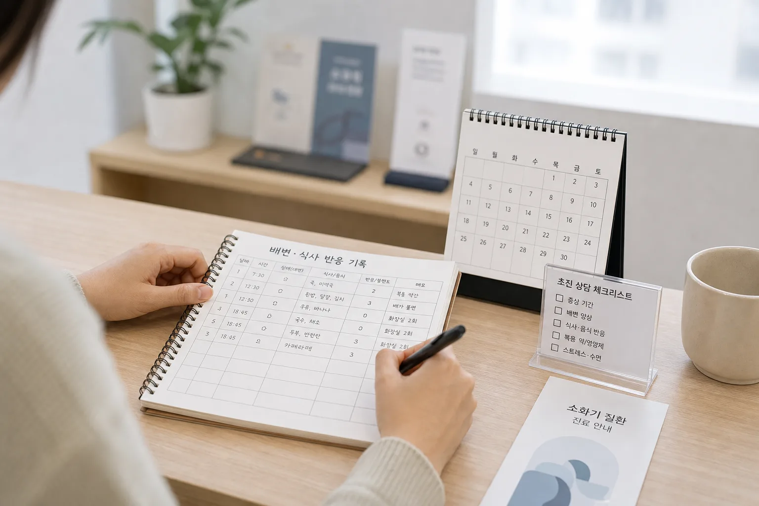 만성설사 환자가 배변 횟수와 식사 반응을 기록하는 모던 한의원 상담 전 장면