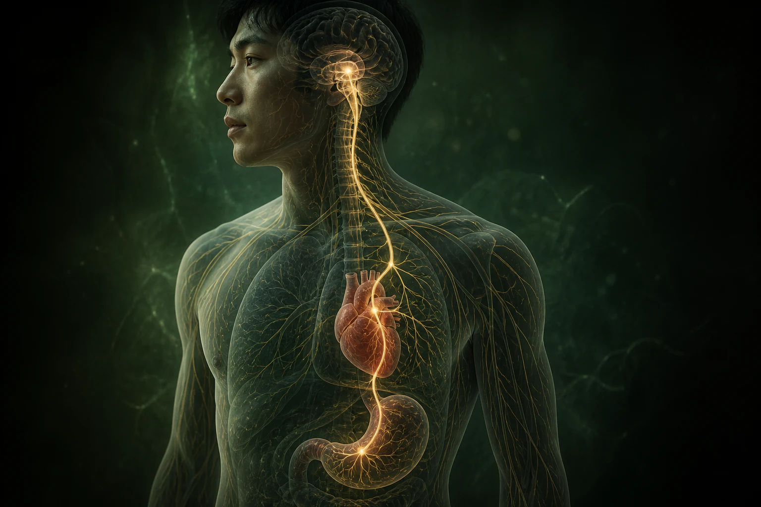 짙은 녹색 반투명 인체에서 뇌간·척수·심장·위가 금빛 자율신경으로 이어지는 만성피로 신호의 흐름