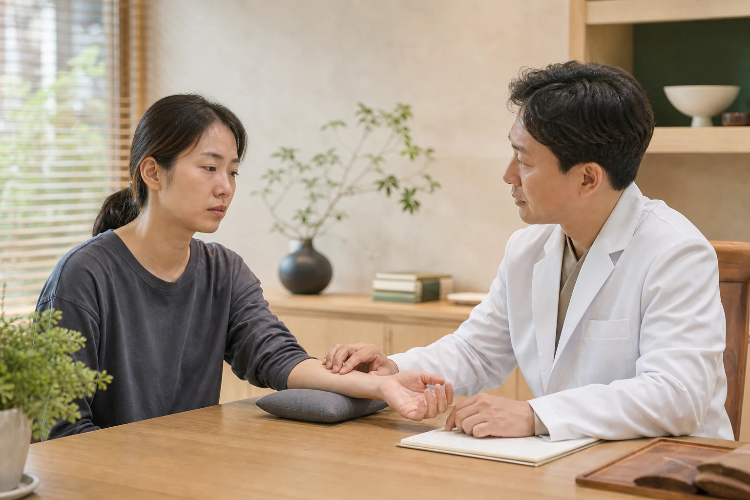 한의원 진료실에서 만성피로 환자의 피로·수면·소화 불편을 듣고 맥진하는 한의사
