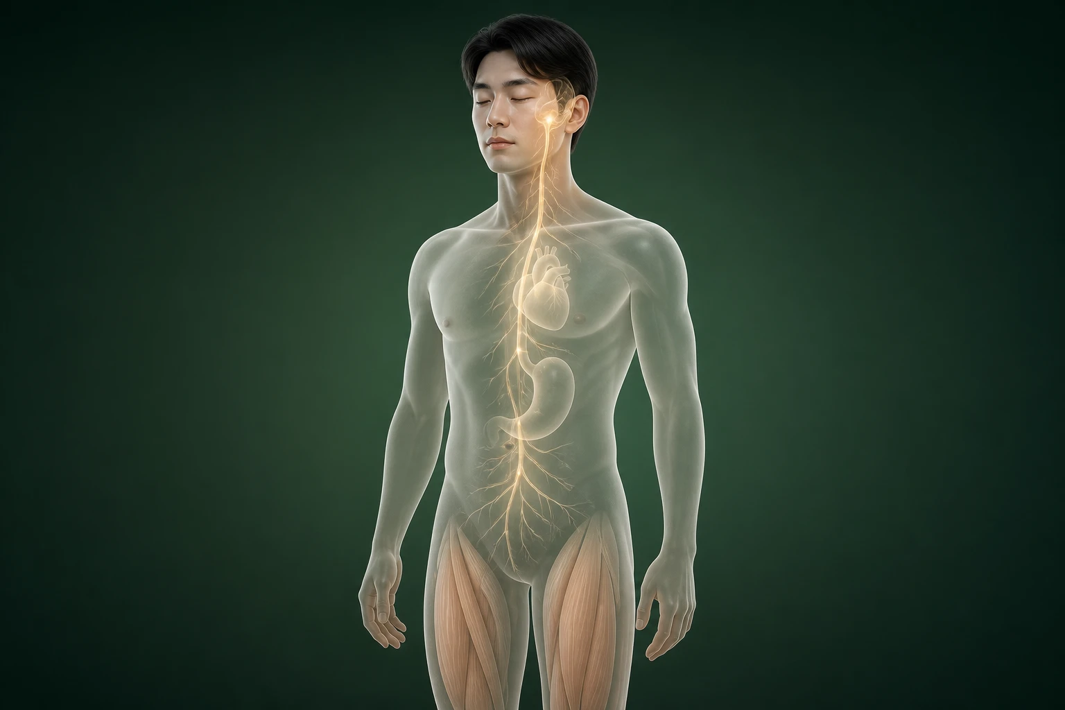 반투명 인체에서 뇌간·자율신경·심장·위·허벅지 근육을 잇는 만성피로 다기관 반응