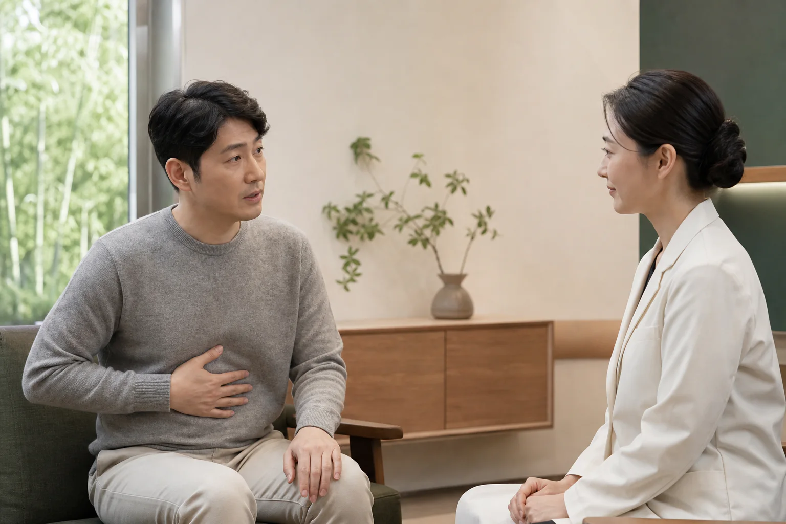 만성위염으로 겪는 불편을 상담하는 환자와 의료진
