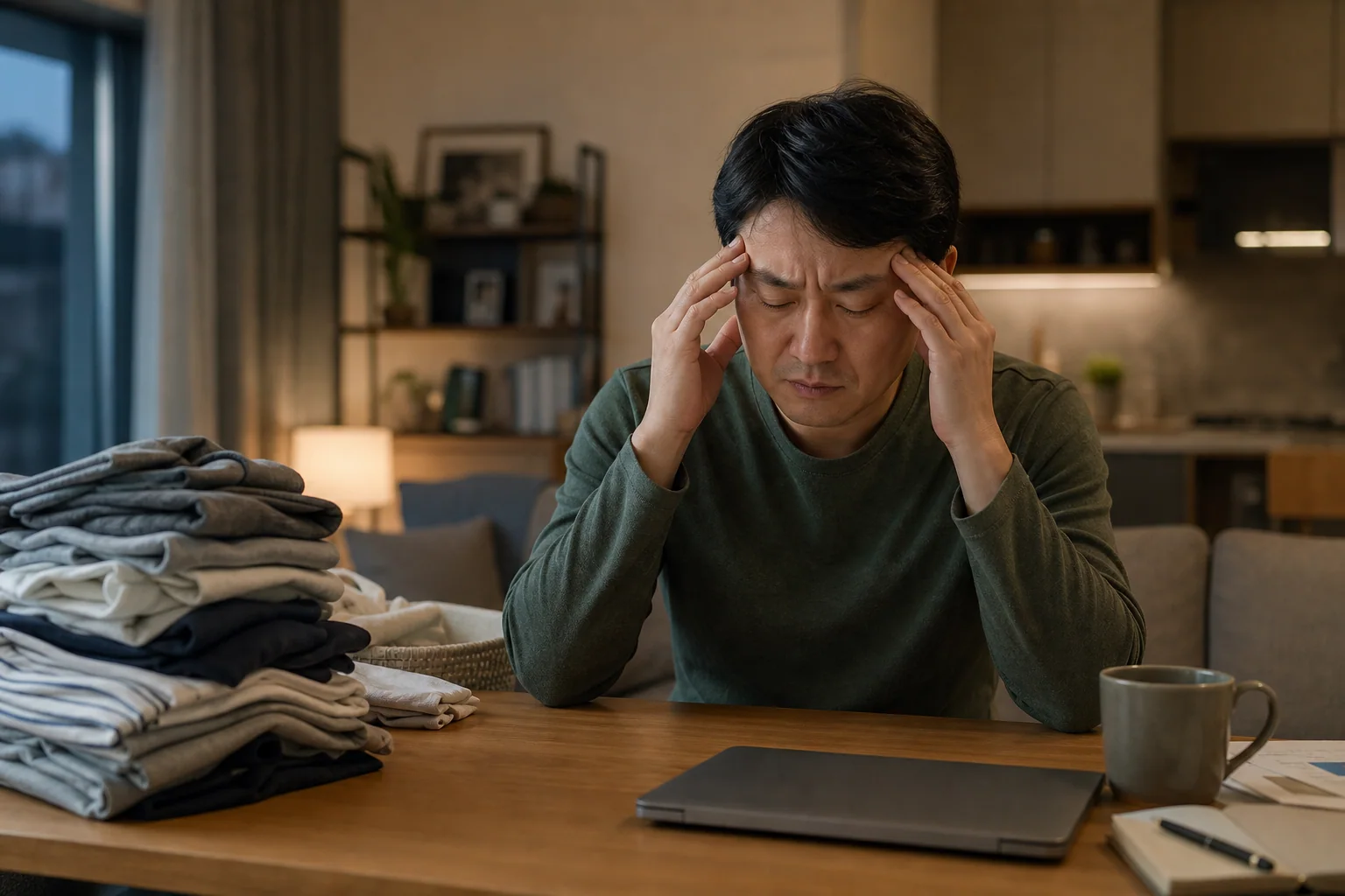 거의 매일 이어지는 만성두통과 목 긴장으로 일과 빨래 정리를 멈춘 한국인 남성 한 명이 저녁 식탁에서 쉬는 생활 장면