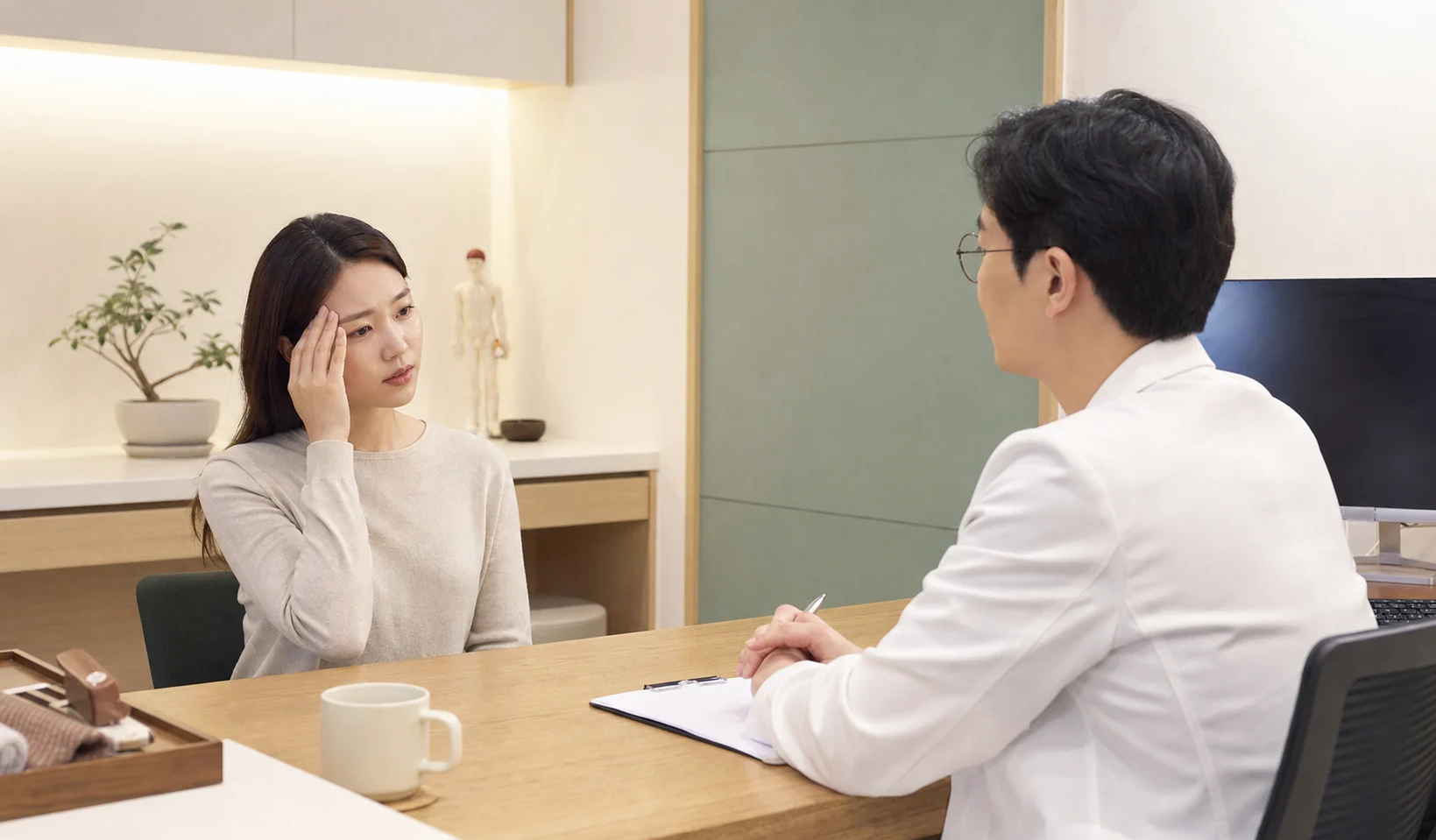 만성두통 환자가 국내 한의원 진료실에서 반복 두통과 생활 제약을 상담하는 장면