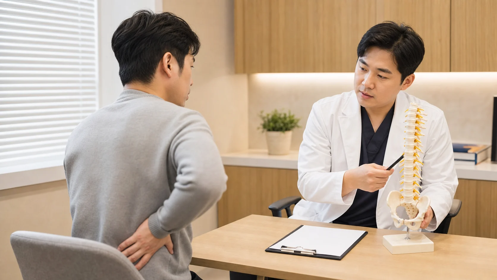 한국인 만성요통 환자가 국내 한의원 상담실에서 허리 통증과 검사 기록을 상담하는 장면