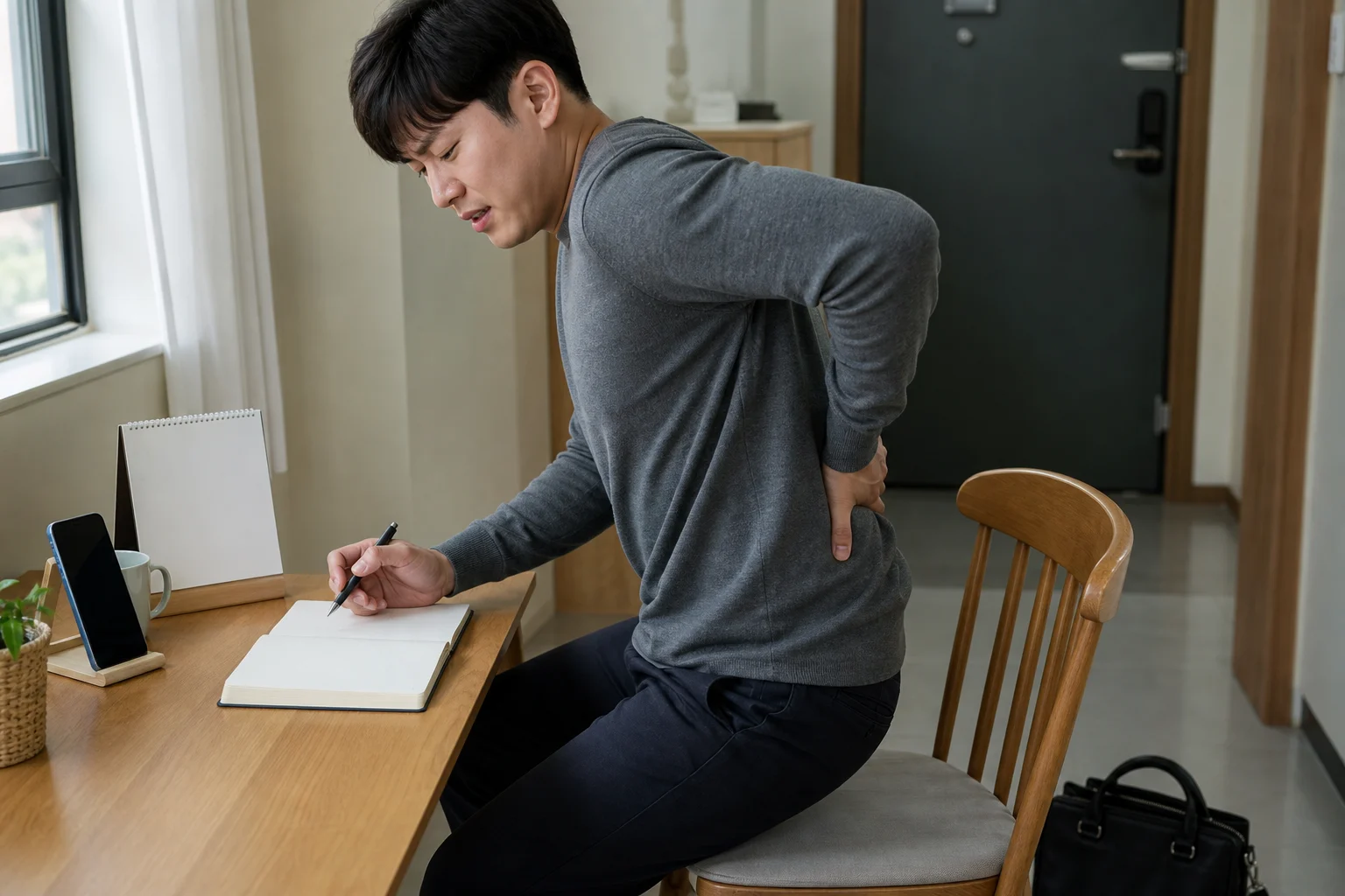 한국인 만성요통 환자가 집에서 허리를 짚고 통증이 심해지는 시간을 빈 노트에 기록하는 장면