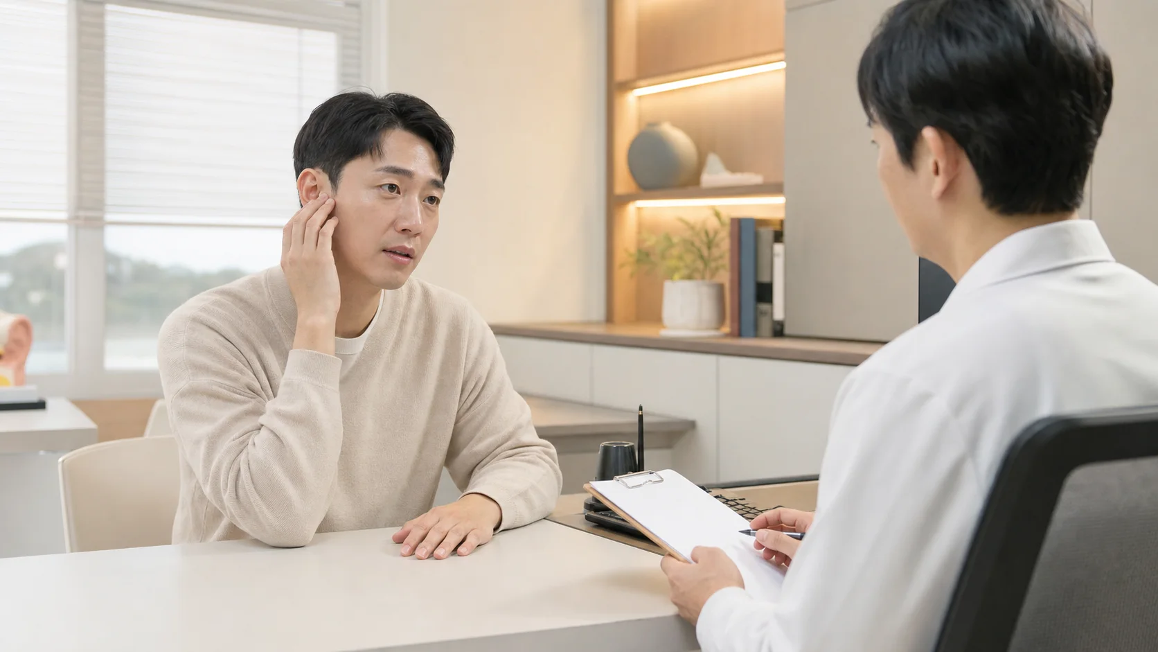 만성중이염 환자가 귀 불편을 설명하며 초진 상담을 시작하는 현대 한의원 진료실 장면