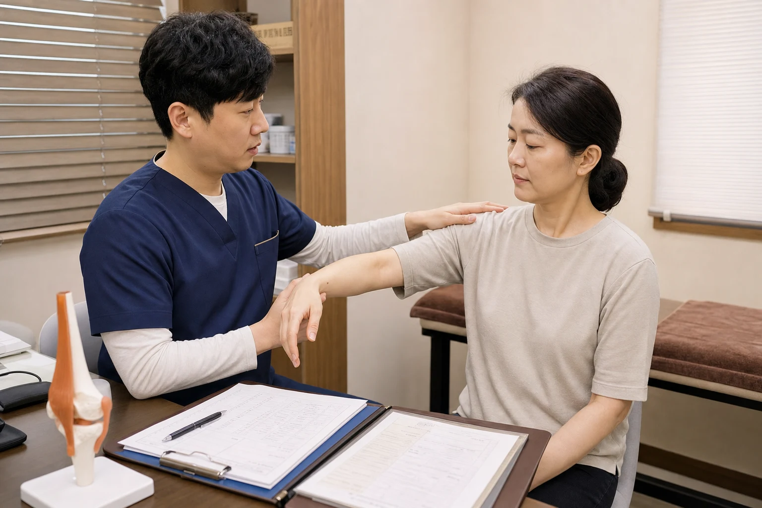한국인 의료진이 만성통증증후군 환자의 어깨와 팔 움직임을 확인하며 진료 자료를 함께 보는 국내 진료실 장면