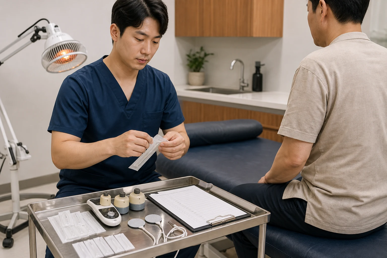 만성통증증후군 치료 순서를 정리하는 국내 한의원 치료실의 침 치료 도구와 온열 장비 준비 장면