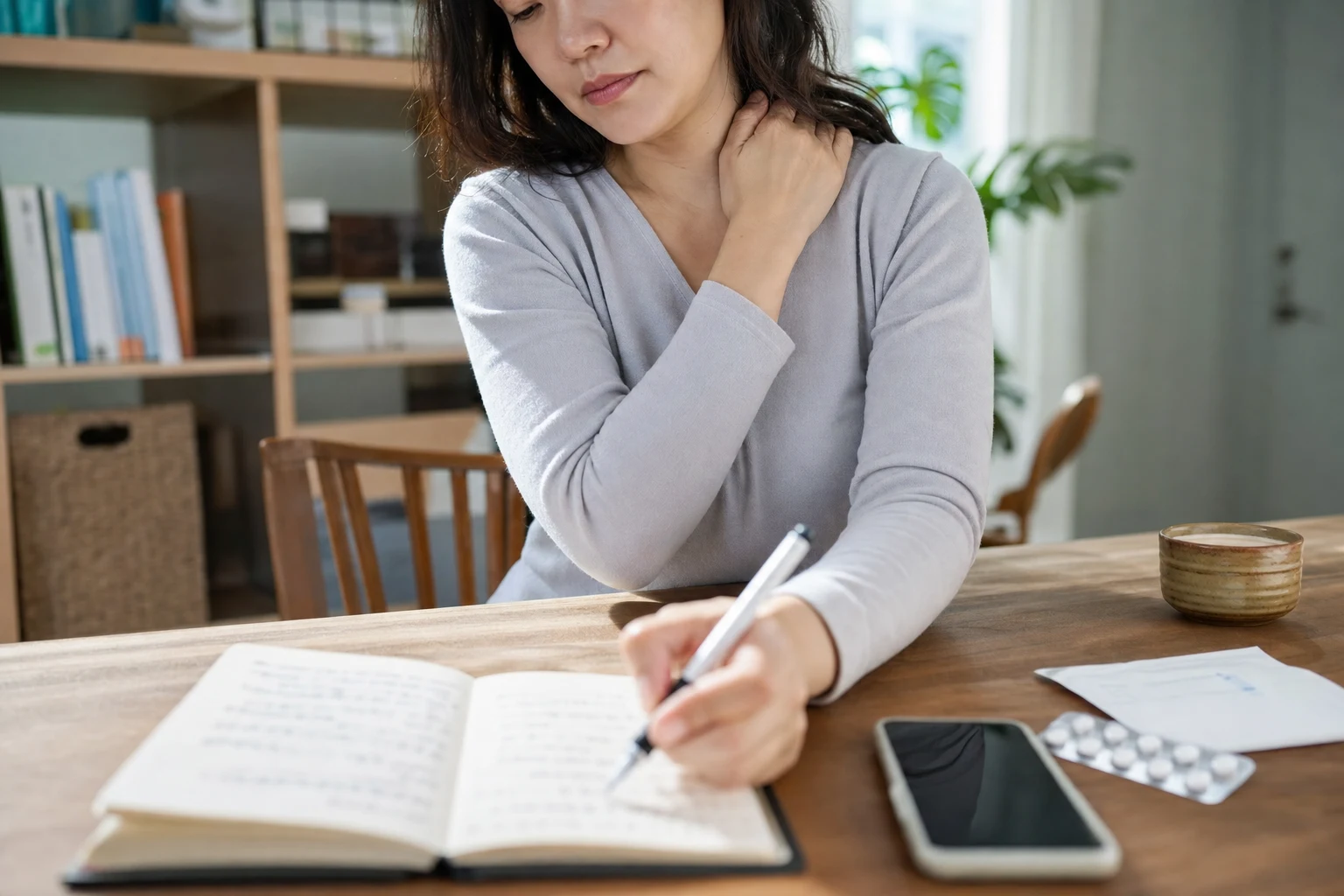 한국인 만성통증증후군 환자가 집에서 목과 어깨 통증을 느끼며 생활 기록을 적는 장면
