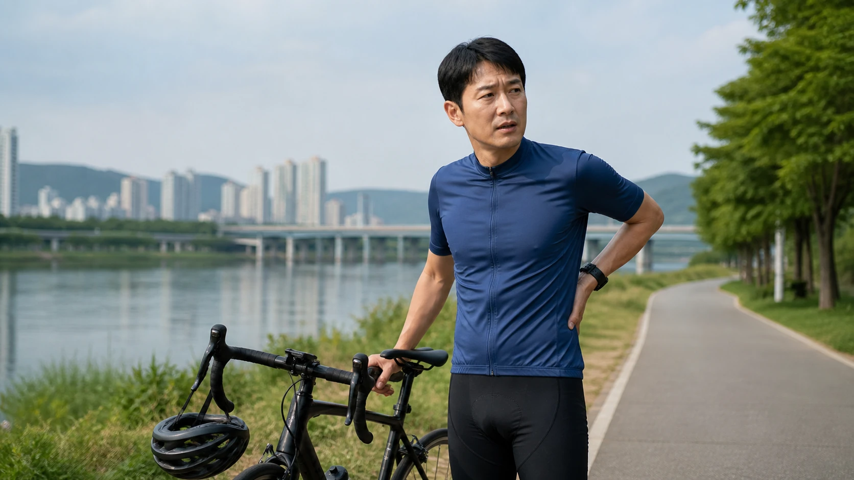 자전거에서 내려 한 손으로 골반 뒤쪽을 짚고 멈춰 선 남성