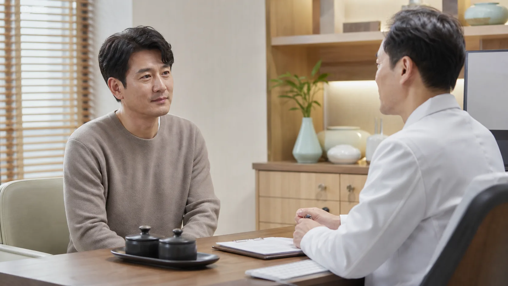 만성골반통증증후군으로 겪는 불편을 상담하는 환자와 의료진