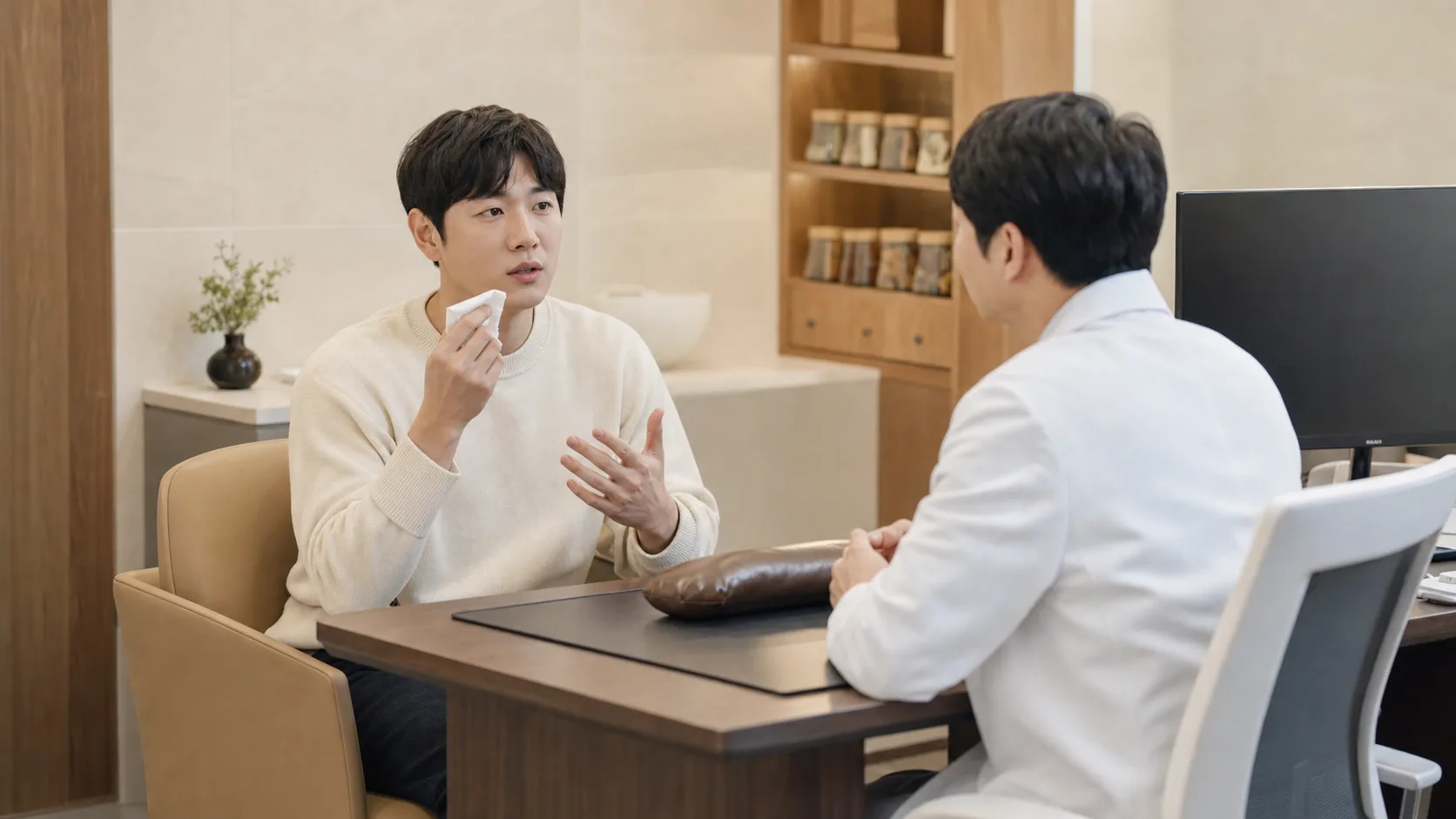 만성비염 환자가 휴지를 들고 코막힘과 콧물 반복을 상담하는 진료실 장면