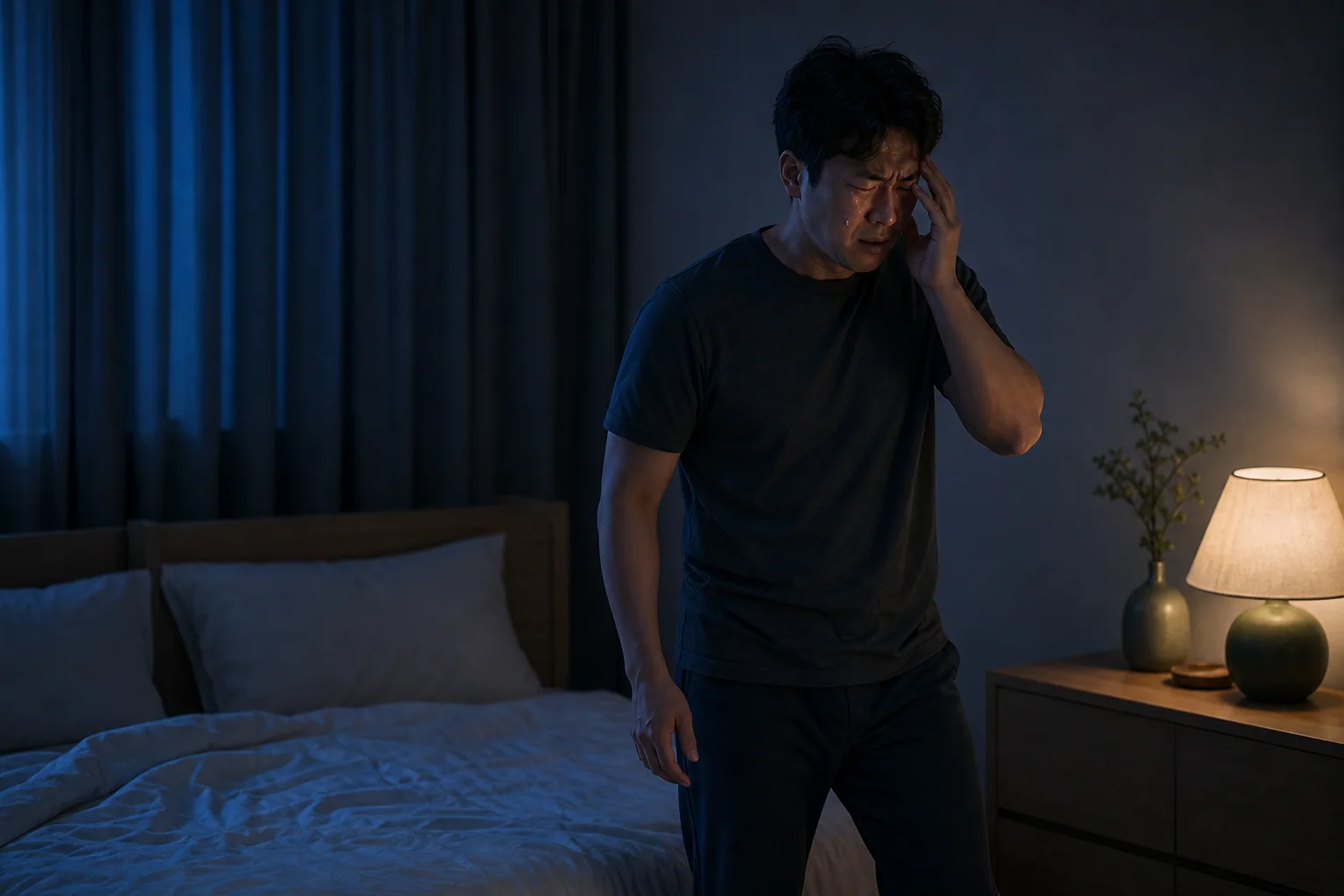 밤에 한쪽 눈 뒤의 심한 군발두통 때문에 누워 있지 못한 한국인 남성 한 명이 침실에서 서성이는 생활 장면