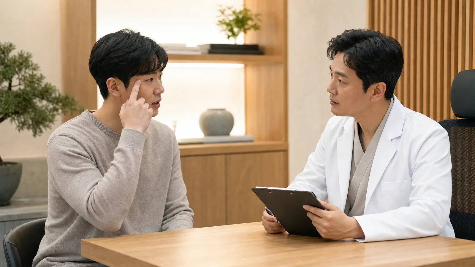 군발두통 환자가 국내 한의원 진료실에서 한쪽 눈 옆 통증과 반복 시간을 한국인 의료진에게 설명하는 장면