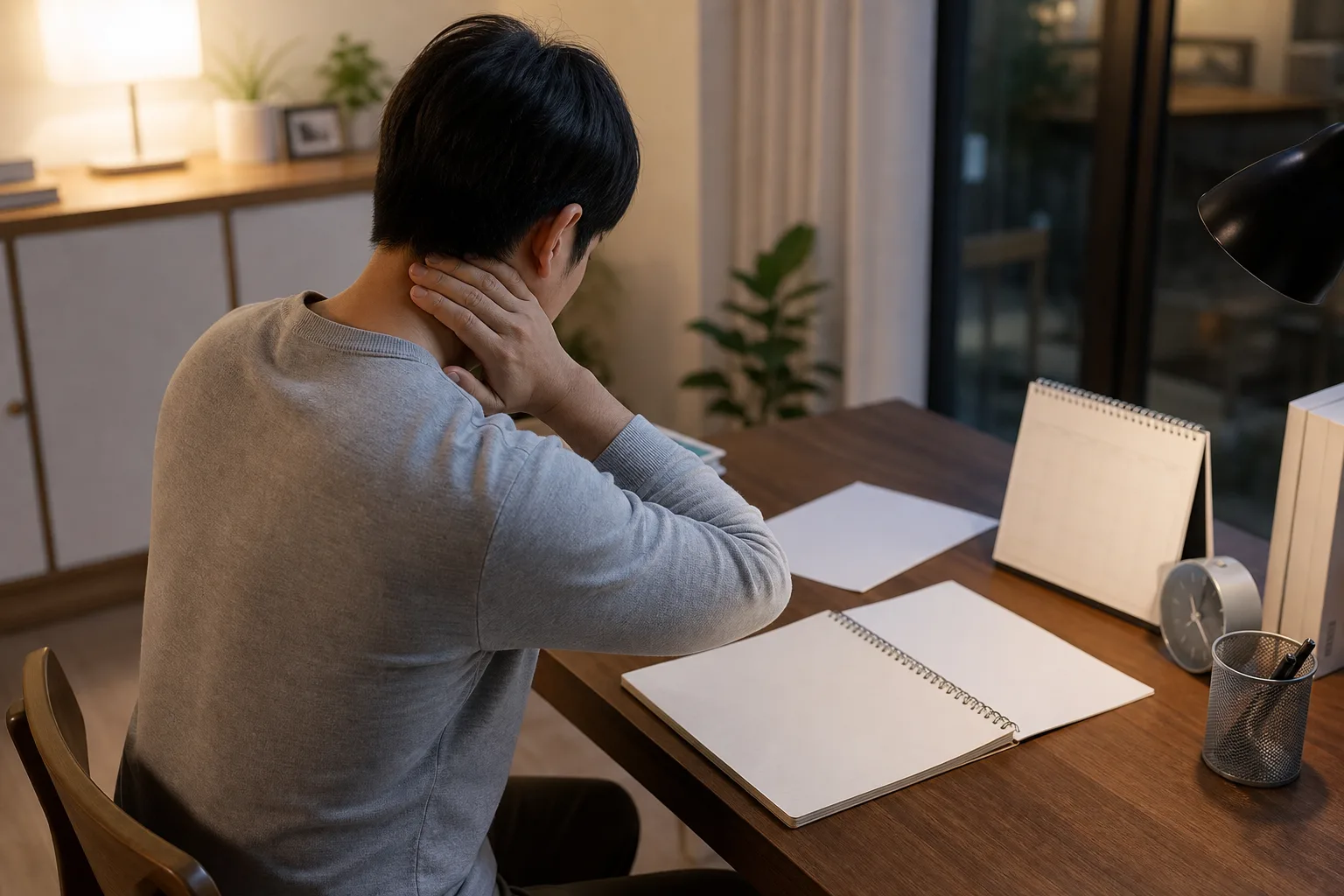 군발두통 환자가 밤 시간대 통증과 수면 방해를 상담 전 기록으로 정리하는 생활 장면