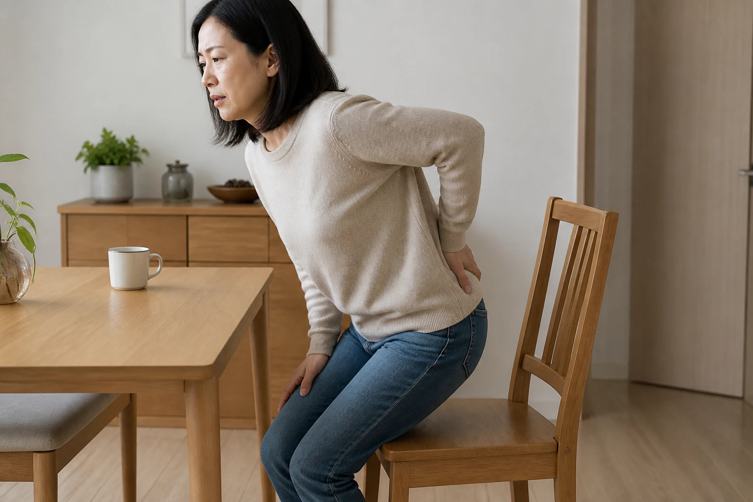 꼬리뼈가 눌려 아파 단단한 식탁 의자에 앉자마자 다시 일어난 한국인 여성 한 명의 장면