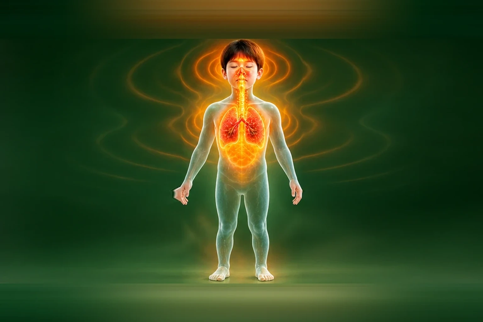 소아감기 아이의 머리부터 발끝까지 온전한 인체 형태에서 열의 흐름을 선명한 황금빛으로 보여 주는 담적병 골든셋 교육 이미지