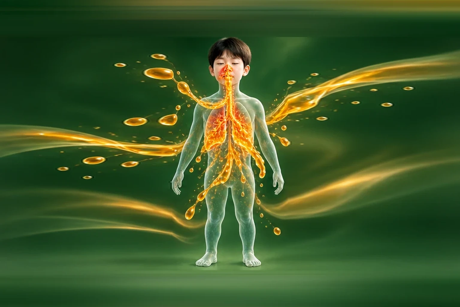 소아감기 아이의 머리부터 발끝까지 온전한 인체 형태에서 물질의 흐름을 선명한 황금빛으로 보여 주는 담적병 골든셋 교육 이미지