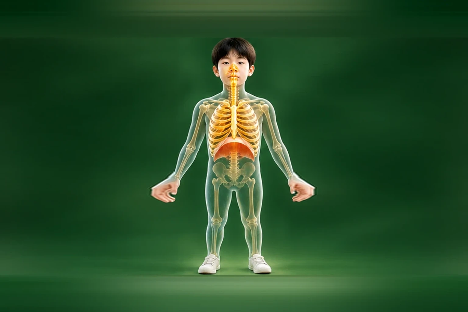 소아감기 아이의 머리부터 발끝까지 온전한 인체 형태에서 구조의 흐름을 선명한 황금빛으로 보여 주는 담적병 골든셋 교육 이미지
