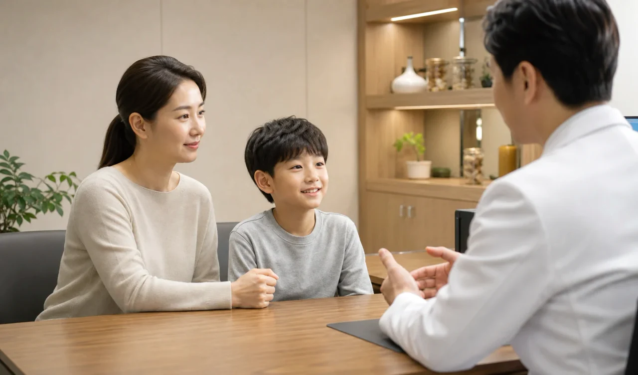 소아 변비로 배변 통증과 식사 변화를 상담하는 아이와 보호자의 한의원 진료 장면