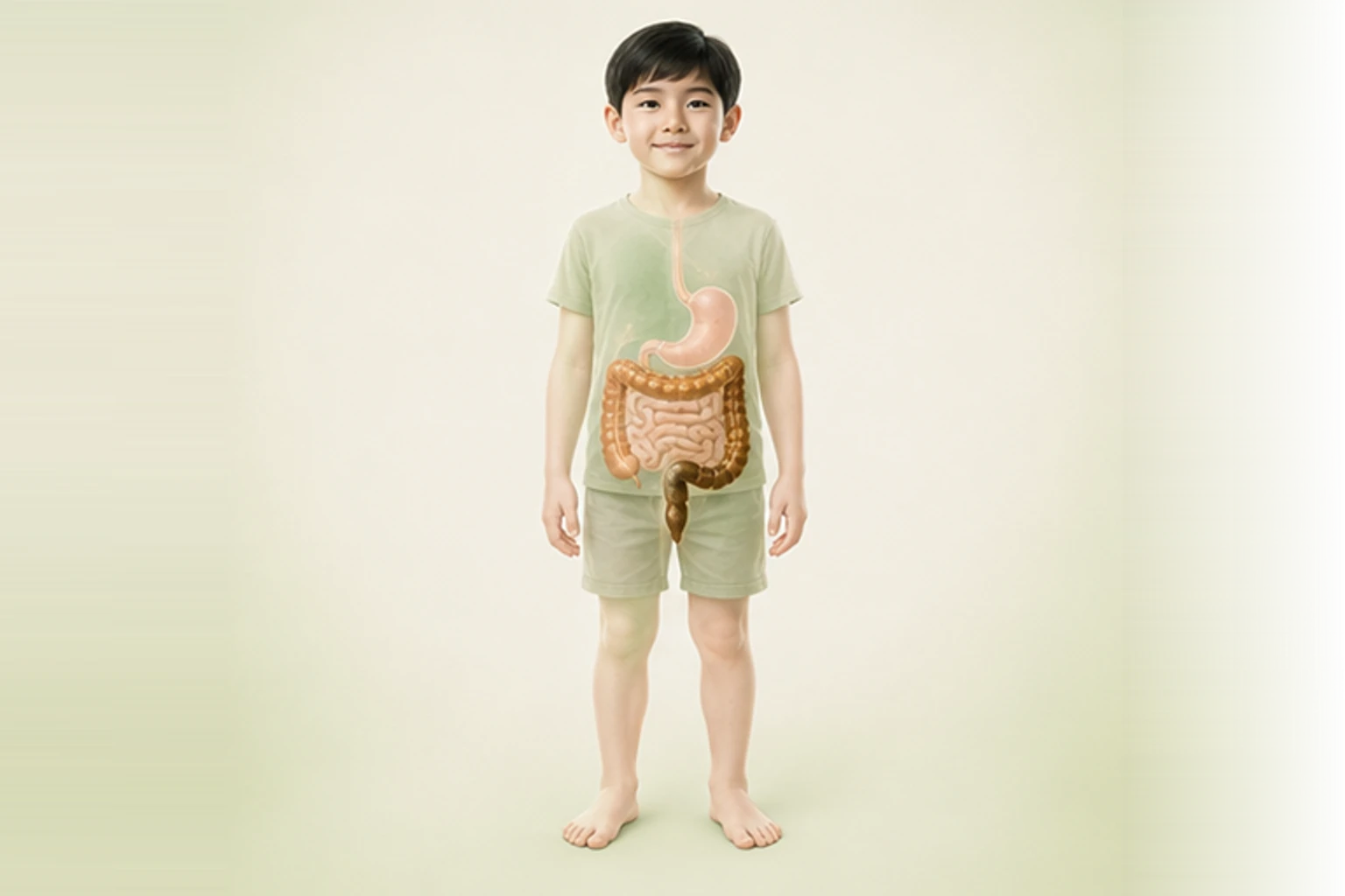 소아변비과 관련된 신체 부위를 머리부터 발끝까지 온전히 보이는 아이 위에 밝고 친근하게 보여 주는 소아 서양의학 교육 이미지