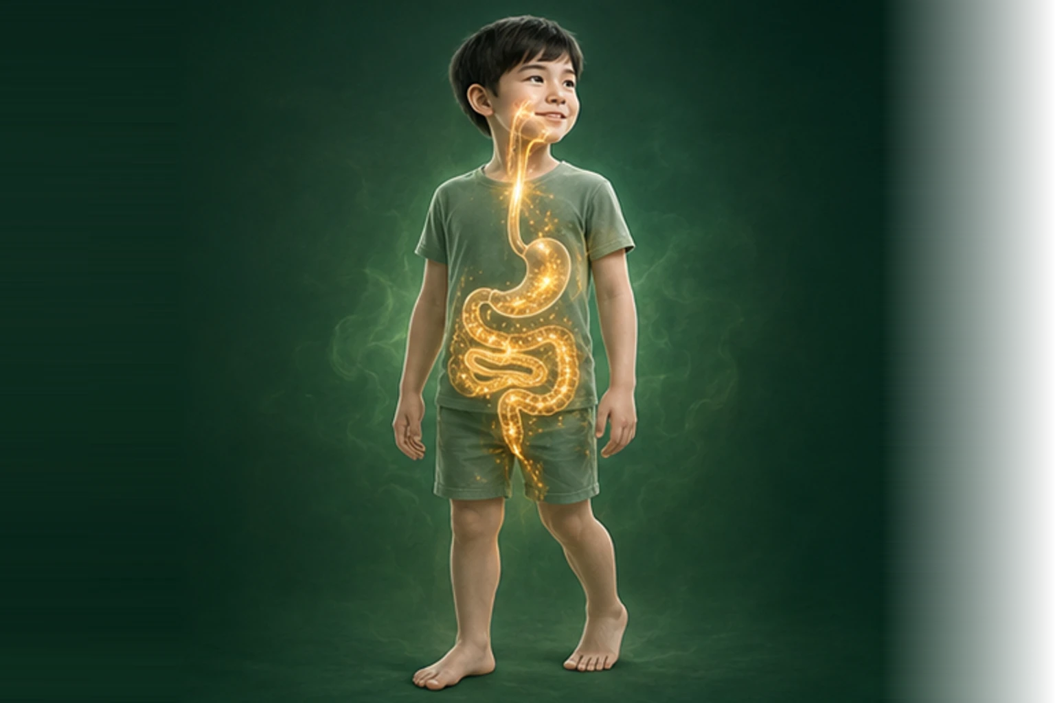 소아변비 아이의 머리부터 발끝까지 온전한 인체 형태에서 물질의 흐름을 선명한 황금빛으로 보여 주는 교육 이미지