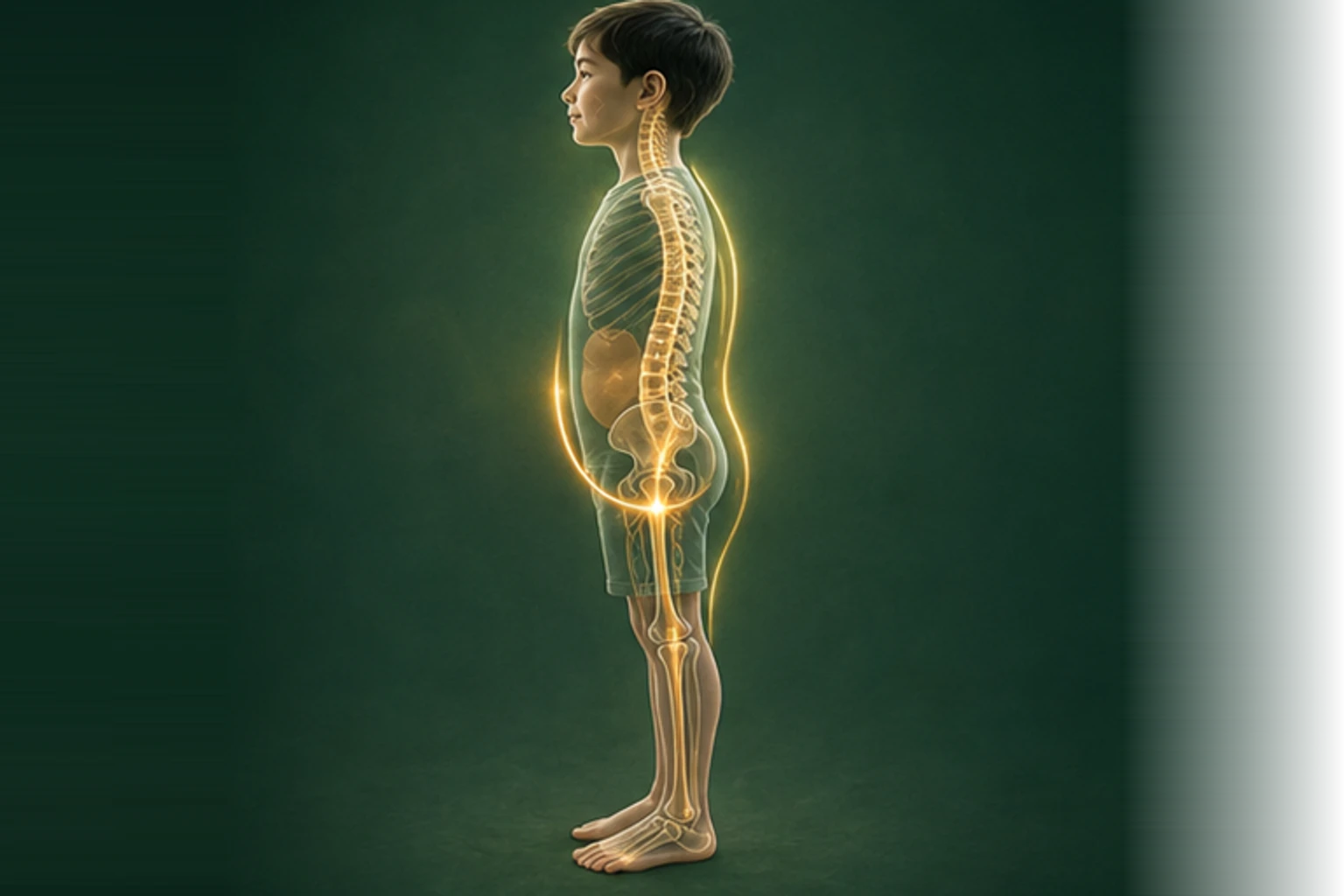 소아변비 아이의 머리부터 발끝까지 온전한 인체 형태에서 구조의 흐름을 선명한 황금빛으로 보여 주는 교육 이미지