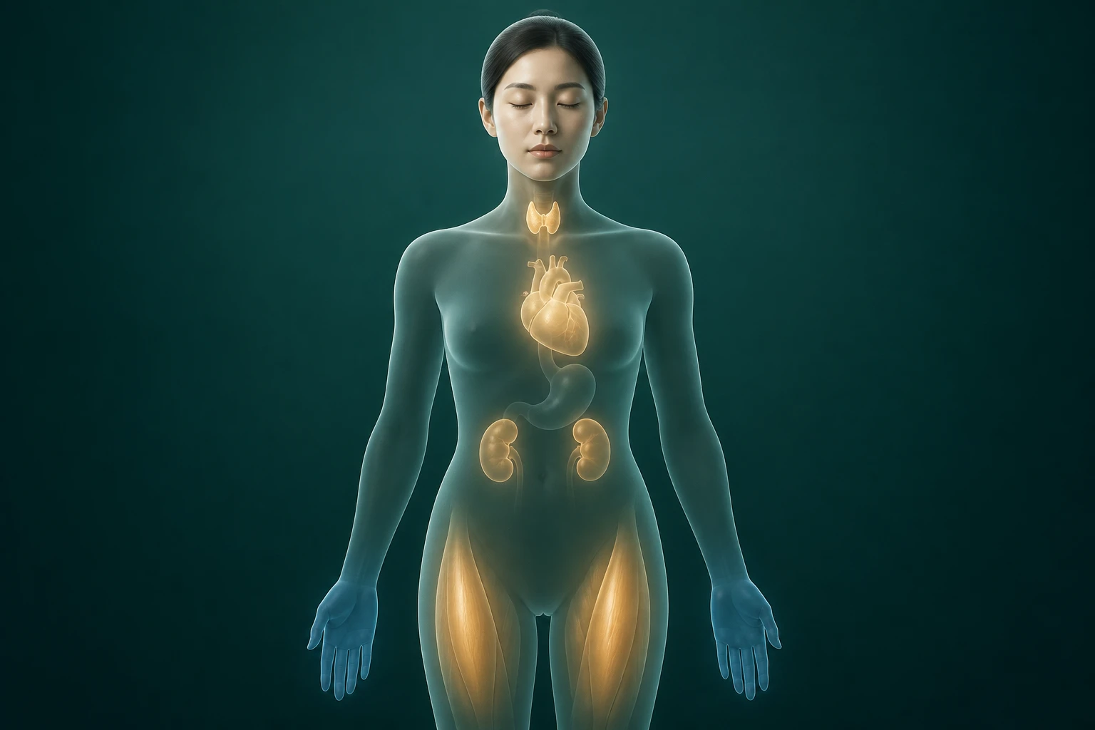 어두운 청록 배경의 반투명 인체에서 갑상선·심장·신장·위·허벅지 근육과 손의 냉감을 보여 주는 이미지
