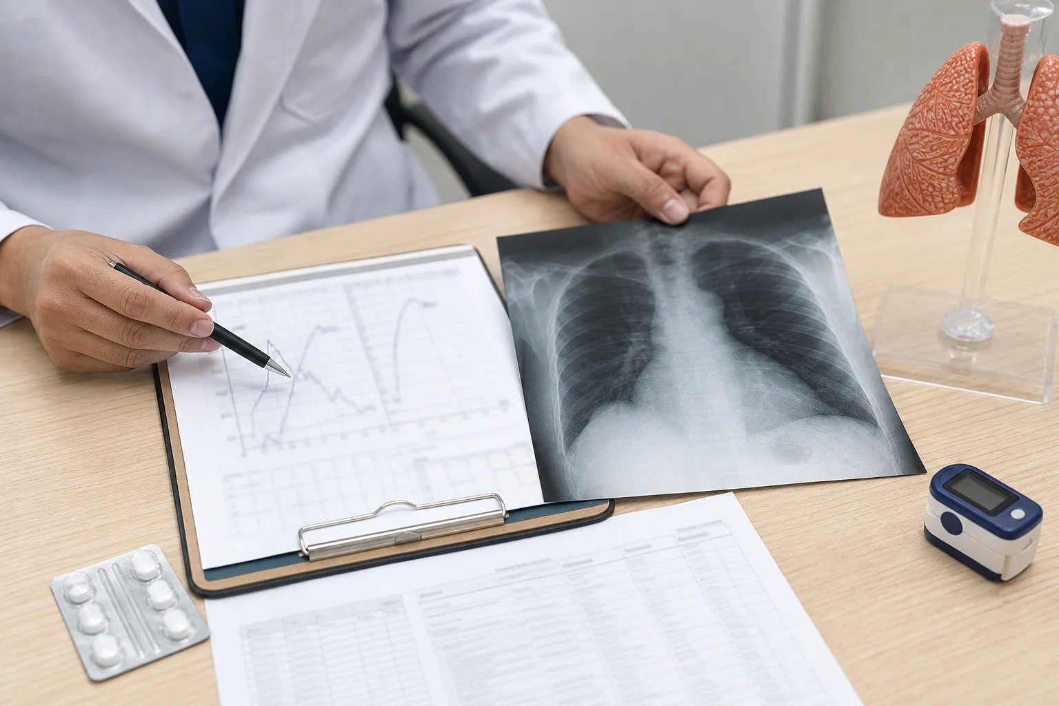 COPD 진료 체크포인트에서 폐기능 그래프와 흉부 영상, 약물 이력을 확인하는 장면