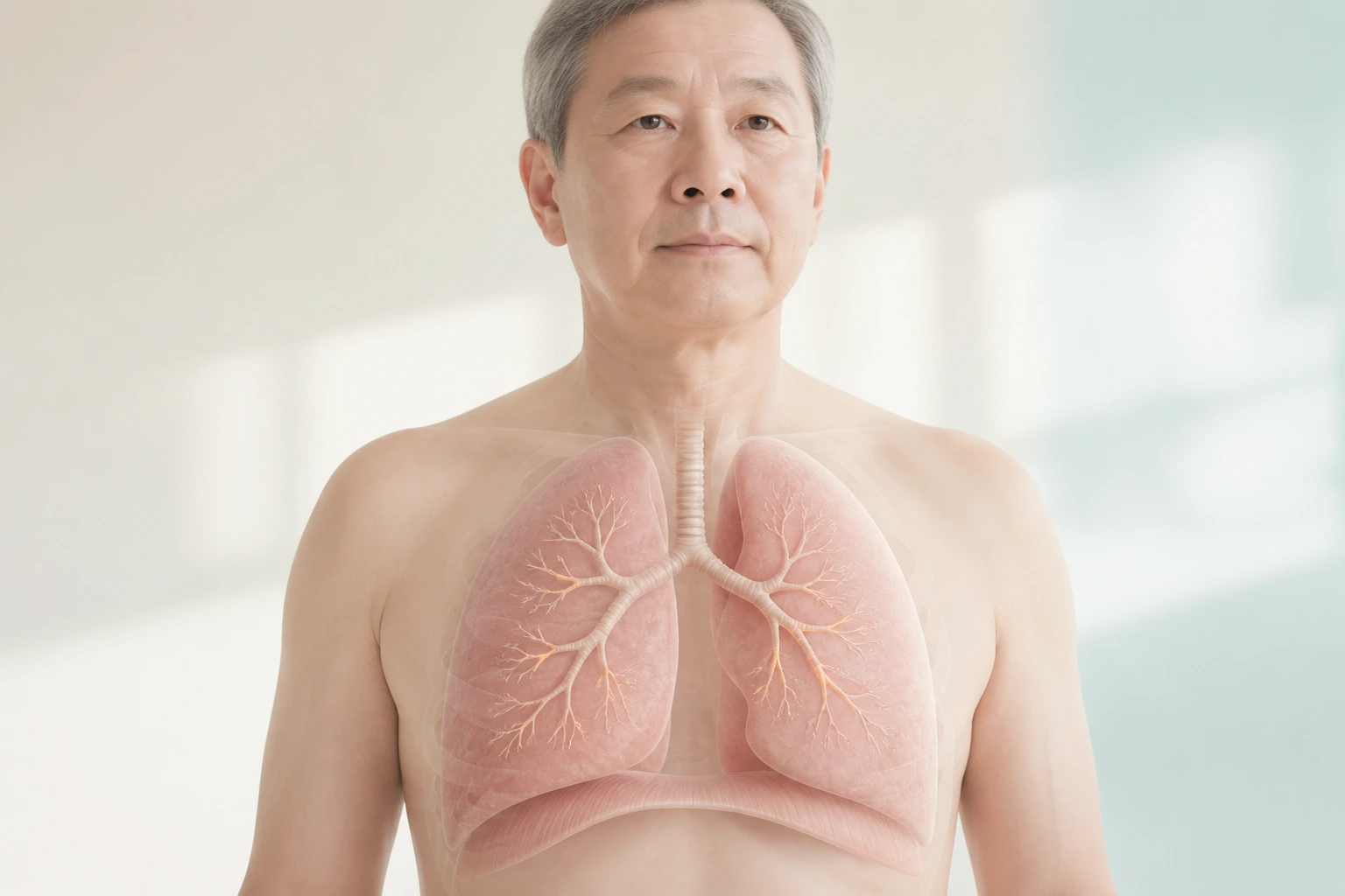 밝은 반투명 상반신에서 작은 기도와 폐의 과팽창·횡격막 위치를 부드럽게 보여 주는 의료 렌더