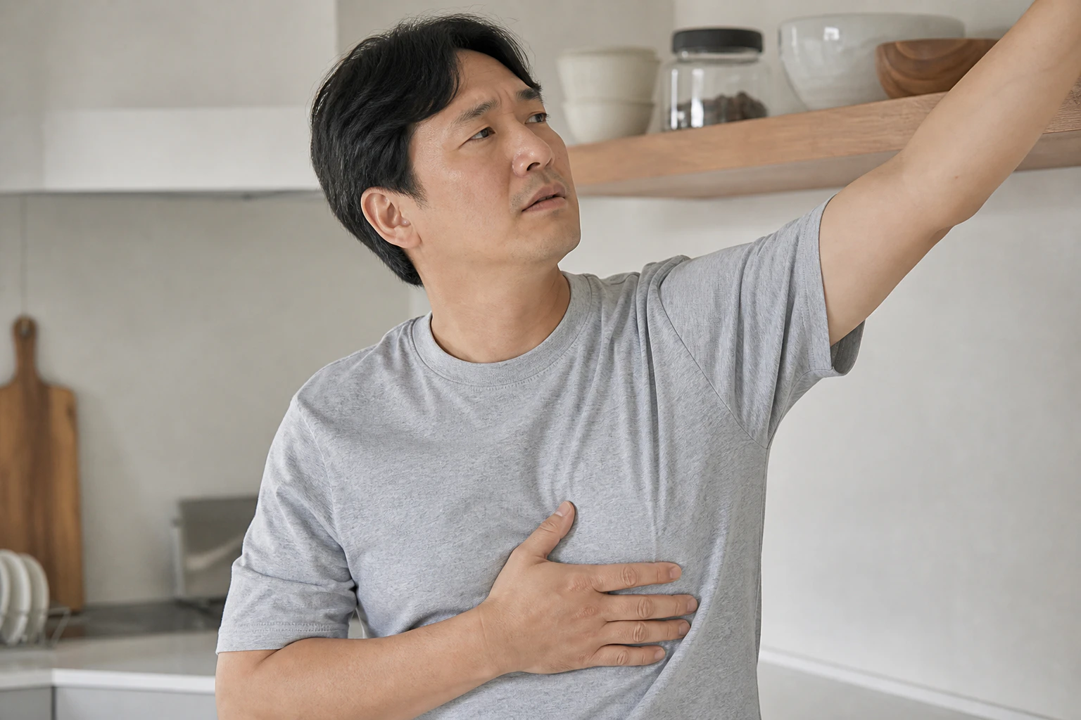 팔을 뻗을 때 앞가슴 갈비연골 부위가 아파 찬장에 손을 올리다 멈춘 한국인 남성 한 명의 장면