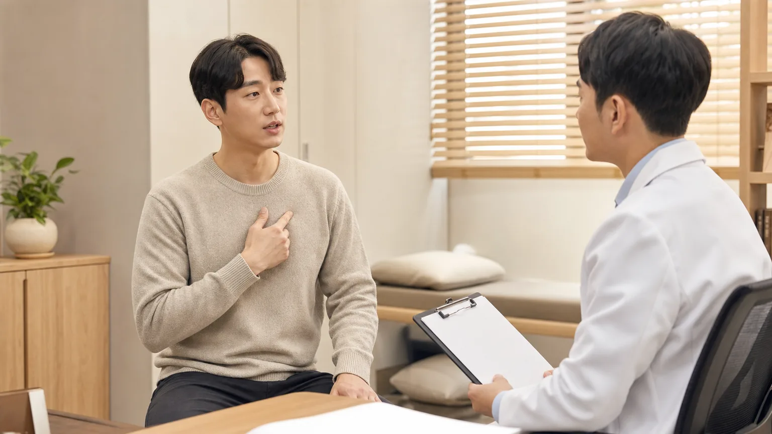 한국인 늑연골염 환자가 국내 한의원 상담 공간에서 흉골 옆 갈비뼈 통증을 의료진에게 설명하는 장면