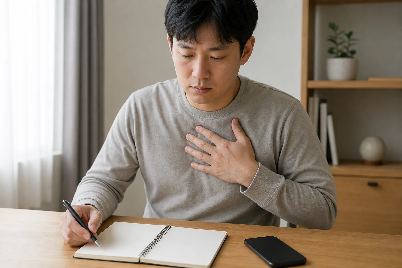 한국인 늑연골염 환자가 책상에서 가슴 통증 시간과 호흡, 자세 뒤 변화를 빈 기록지에 정리하는 장면