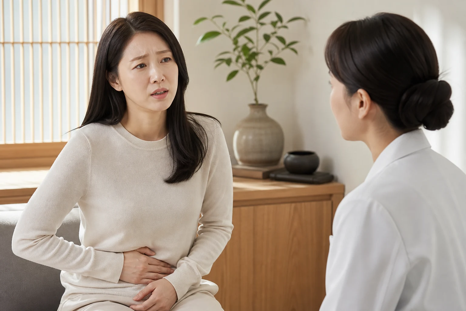 크론병으로 겪는 불편을 상담하는 환자와 의료진