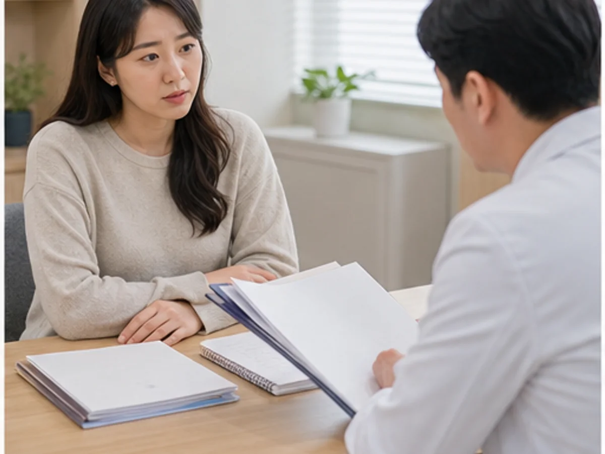 크론병 환자가 검사 기록과 증상 일지를 들고 모던 클리닉에서 상담하는 장면