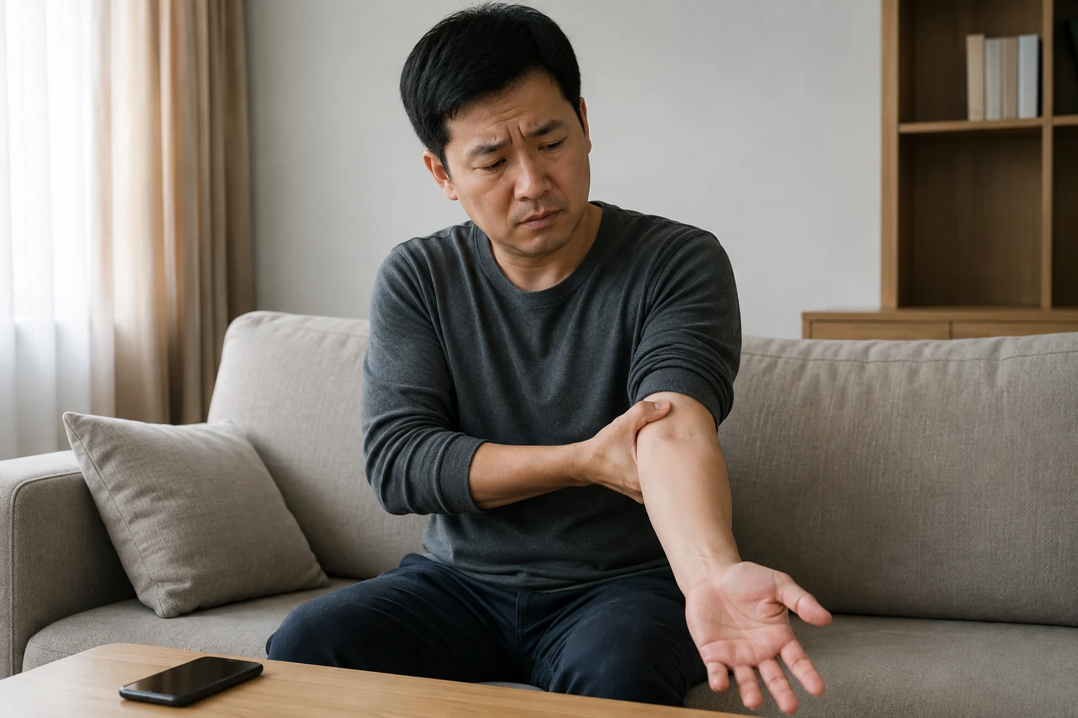 소파에서 휴대전화를 보다가 팔꿈치 안쪽과 약지·새끼손가락이 저려 팔을 펴고 멈춘 성인