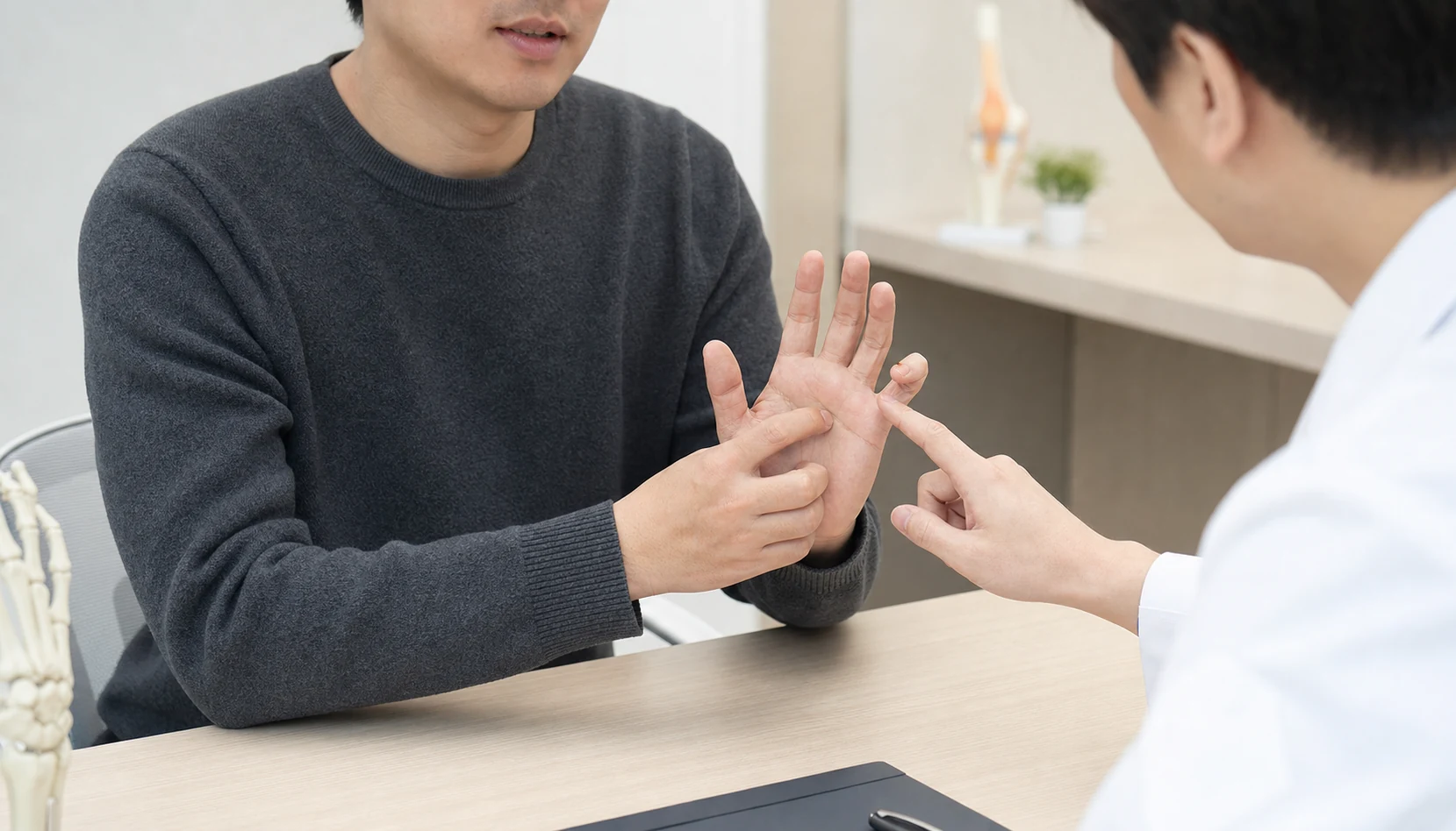 한국인 팔꿈치터널증후군 환자가 국내 한의원 상담 공간에서 약지와 새끼손가락 저림을 설명하는 장면